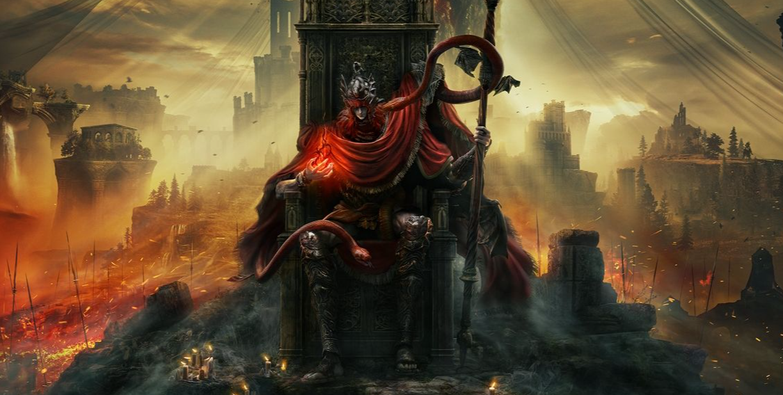 Game character from shadow of the erdtree on a throne