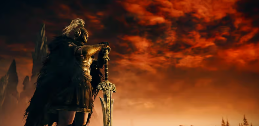 Shadow of the Erdtree character with a scarlet rot sky